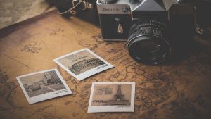 Three photos with a camera in a vintage scene